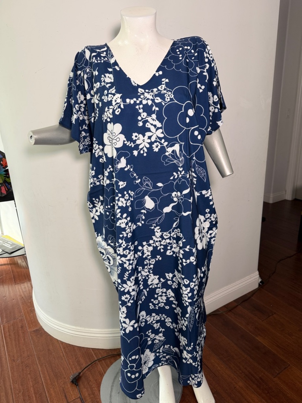 Bohemian Navy Blue & White Floral Caftan  Maxi Dress Beach-cover Summer Boho